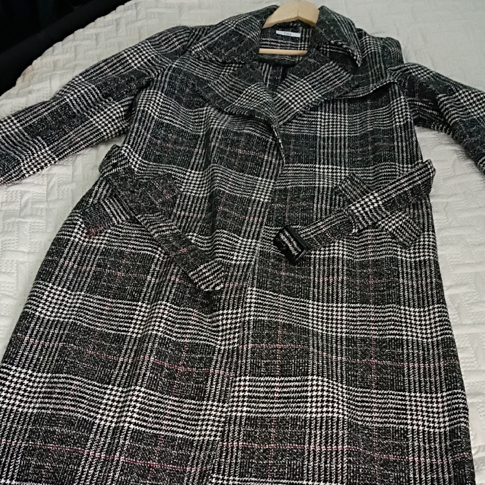 Dex Black and White Plaid Trench Coat